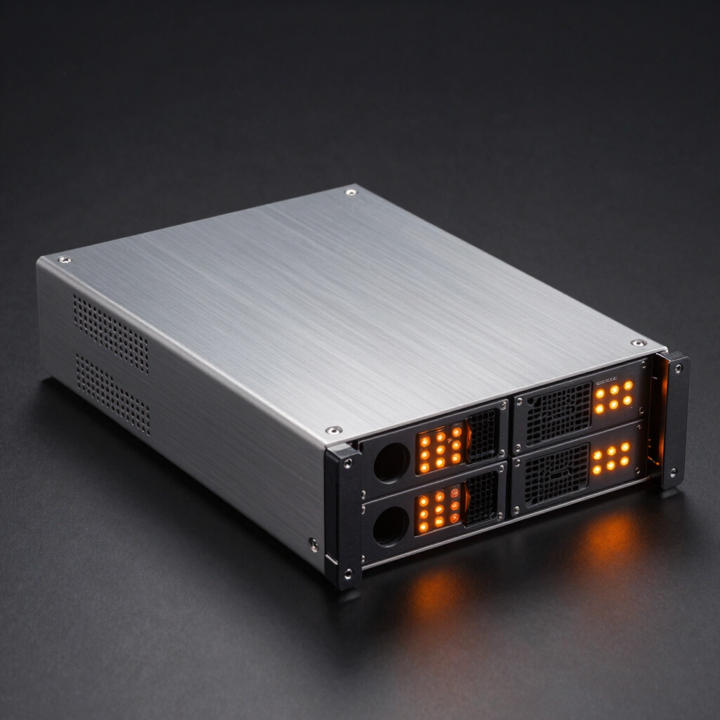Straight-on isometric product shot of a brushed aluminum 2U rack-mount server chassis, glowing safety-orange status LEDs, dark charcoal background, high-contrast studio lighting.