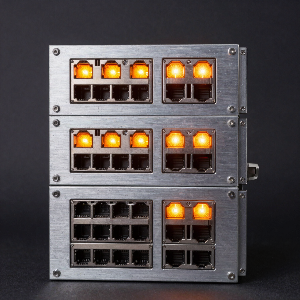 Straight-on portrait shot of a brushed aluminum server chassis, glowing safety-orange status LEDs, rear port layouts with heavy-duty metal ports, high-contrast studio lighting.